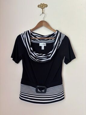 Joseph Ribkoff Black & White Striped Cowl Neck Buckle Top Sz 10